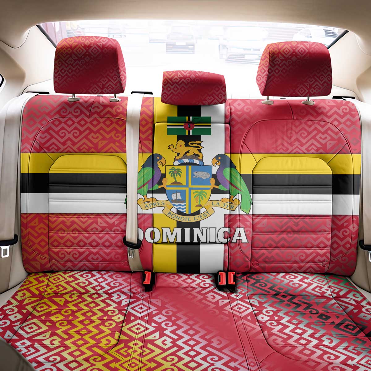 Dominica Flag Back Car Seat Cover Red Yellow and Black with Coat of Arms and National Motto Design - Wonder Print Shop