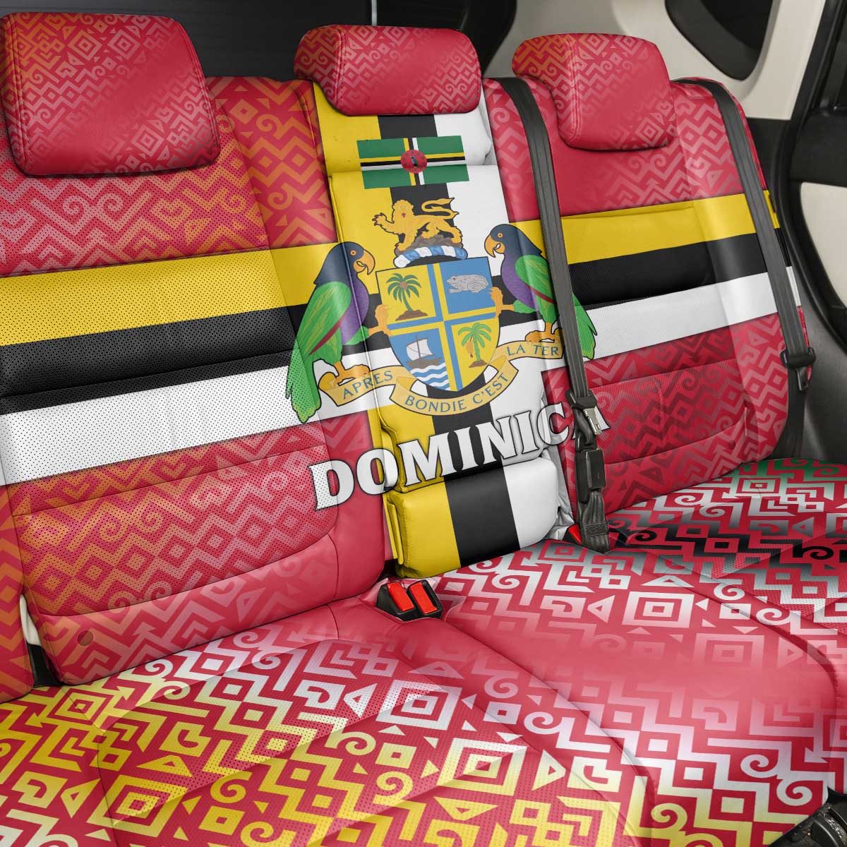 Dominica Flag Back Car Seat Cover Red Yellow and Black with Coat of Arms and National Motto Design - Wonder Print Shop