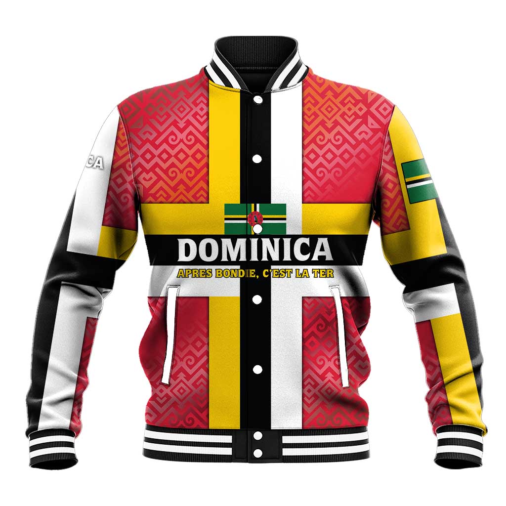 Dominica Flag Baseball Jacket Red Yellow and Black with Coat of Arms and National Motto Design - Wonder Print Shop