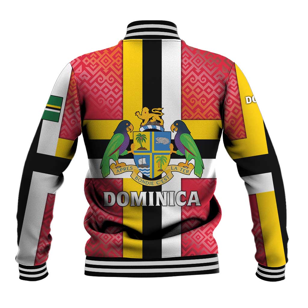 Dominica Flag Baseball Jacket Red Yellow and Black with Coat of Arms and National Motto Design - Wonder Print Shop