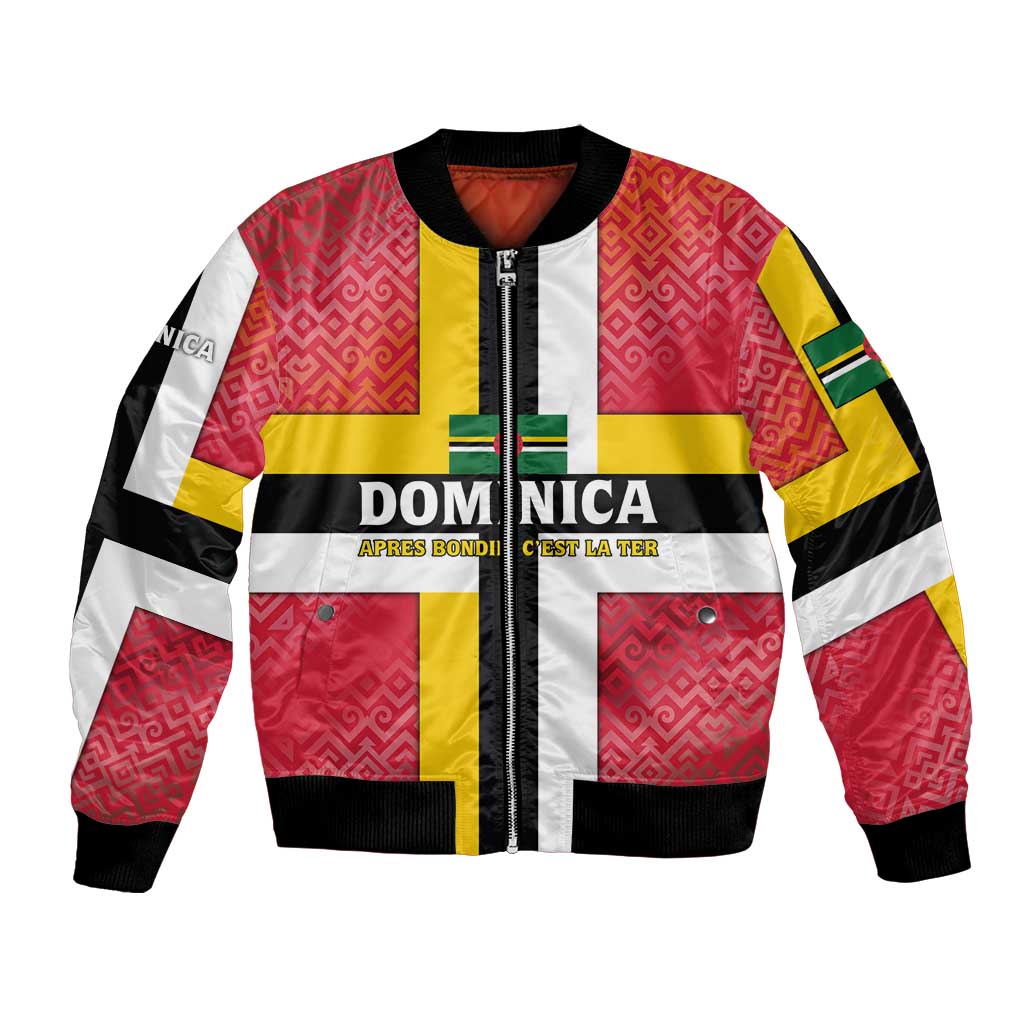 Dominica Flag Bomber Jacket Red Yellow and Black with Coat of Arms and National Motto Design - Wonder Print Shop