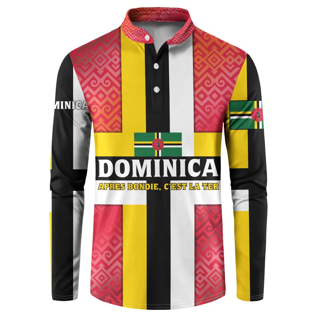 Dominica Flag Button Sweatshirt Red Yellow and Black with Coat of Arms and National Motto Design - Wonder Print Shop