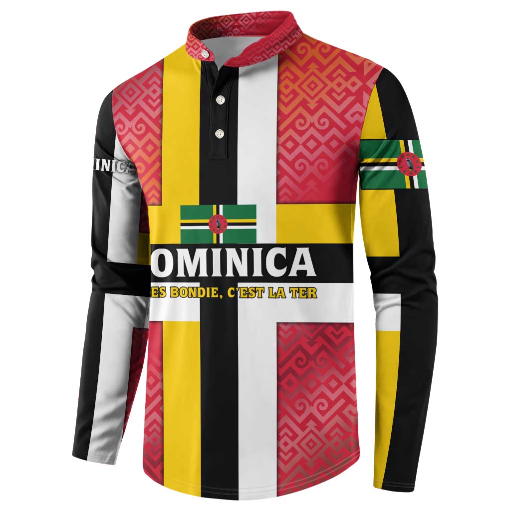 Dominica Flag Button Sweatshirt Red Yellow and Black with Coat of Arms and National Motto Design - Wonder Print Shop