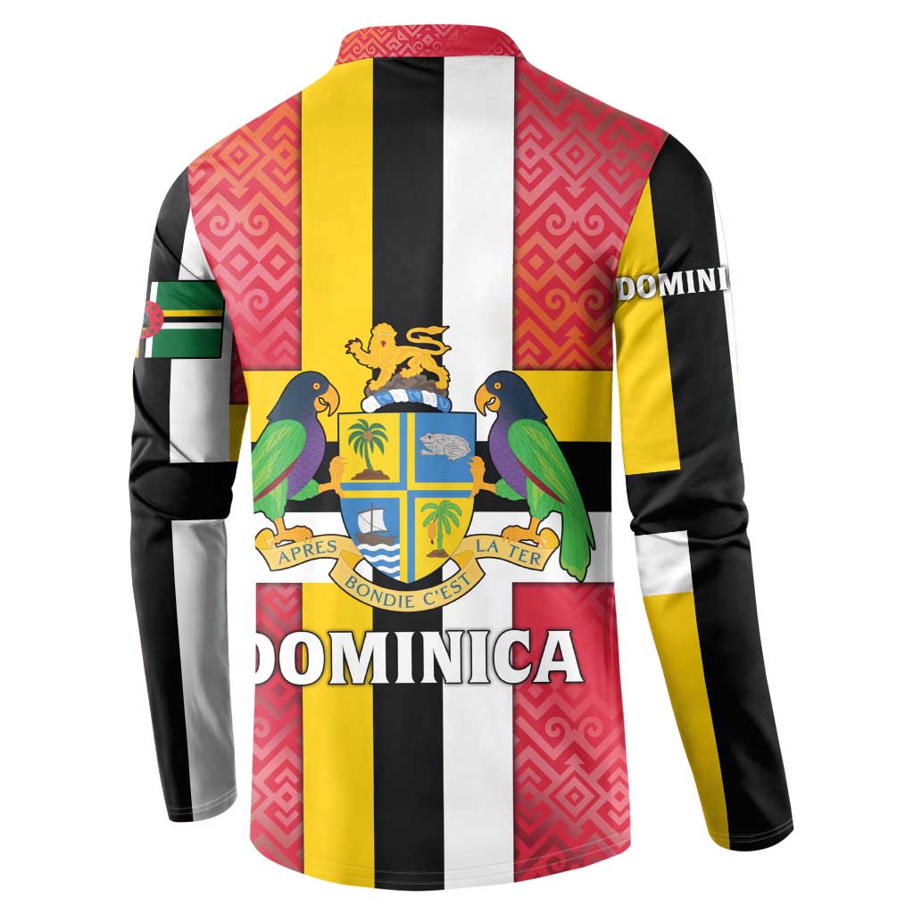 Dominica Flag Button Sweatshirt Red Yellow and Black with Coat of Arms and National Motto Design - Wonder Print Shop