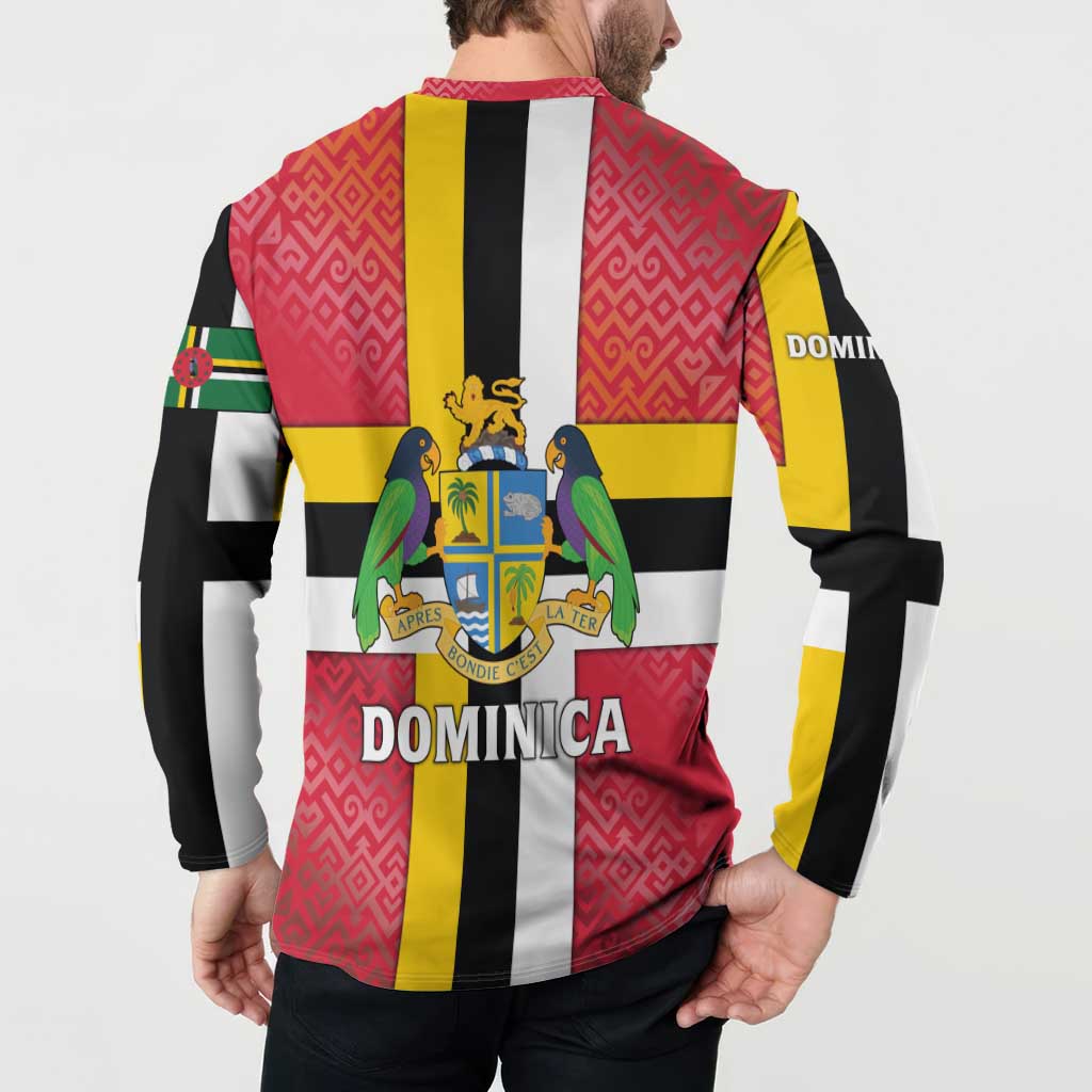 Dominica Flag Button Sweatshirt Red Yellow and Black with Coat of Arms and National Motto Design - Wonder Print Shop