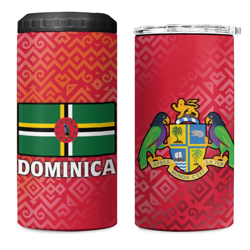 Dominica Flag 4 in 1 Can Cooler Tumbler Red Yellow and Black with Coat of Arms and National Motto Design - Wonder Print Shop