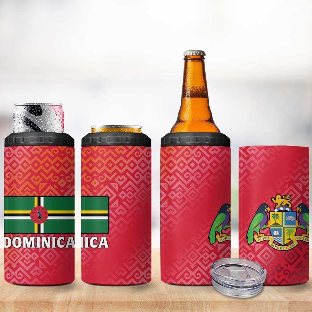 Dominica Flag 4 in 1 Can Cooler Tumbler Red Yellow and Black with Coat of Arms and National Motto Design - Wonder Print Shop