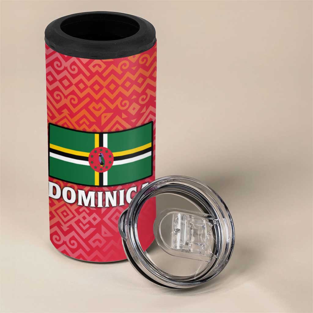 Dominica Flag 4 in 1 Can Cooler Tumbler Red Yellow and Black with Coat of Arms and National Motto Design - Wonder Print Shop
