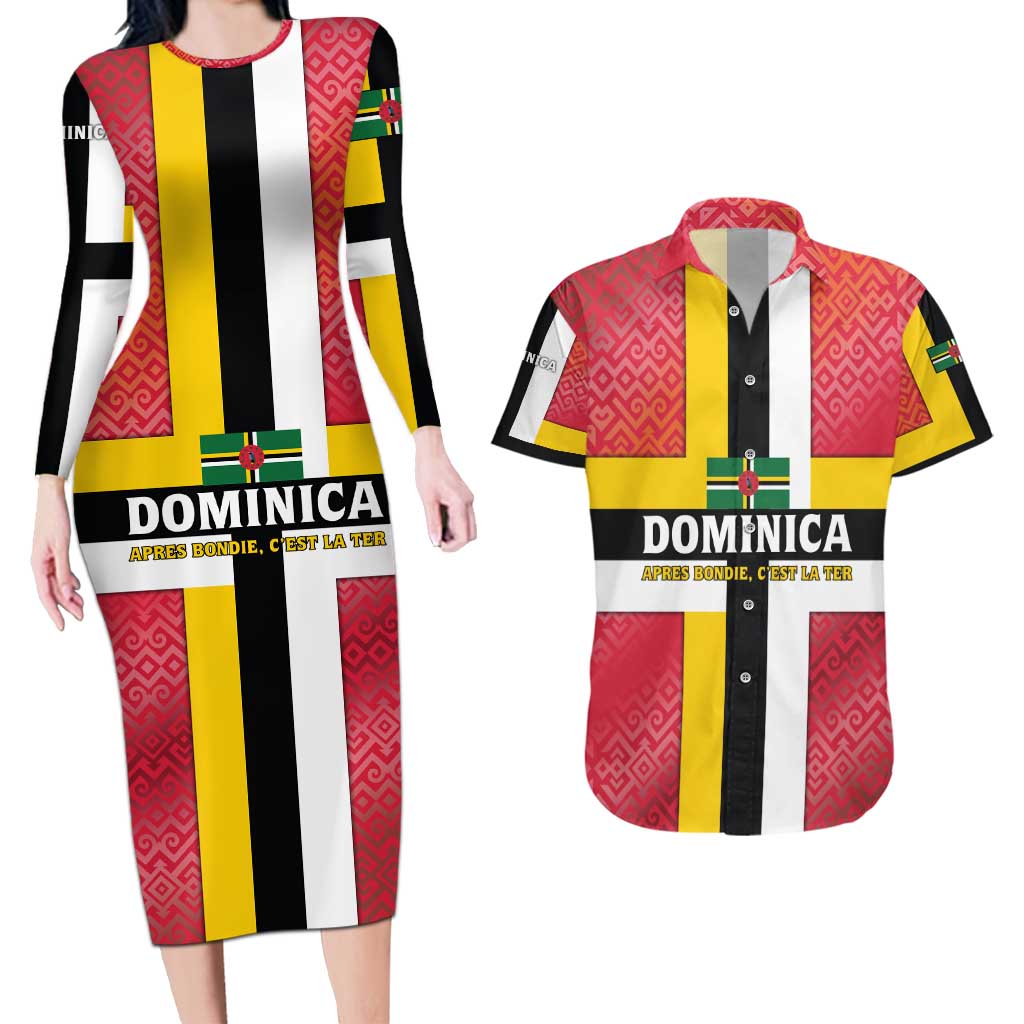 Dominica Flag Couples Matching Long Sleeve Bodycon Dress and Hawaiian Shirt Red Yellow and Black with Coat of Arms and National Motto Design - Wonder Print Shop
