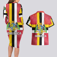 Dominica Flag Couples Matching Long Sleeve Bodycon Dress and Hawaiian Shirt Red Yellow and Black with Coat of Arms and National Motto Design - Wonder Print Shop