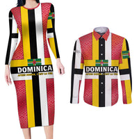 Dominica Flag Couples Matching Long Sleeve Bodycon Dress and Long Sleeve Button Shirt Red Yellow and Black with Coat of Arms and National Motto Design - Wonder Print Shop