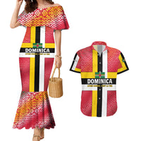 Dominica Flag Couples Matching Mermaid Dress and Hawaiian Shirt Red Yellow and Black with Coat of Arms and National Motto Design - Wonder Print Shop