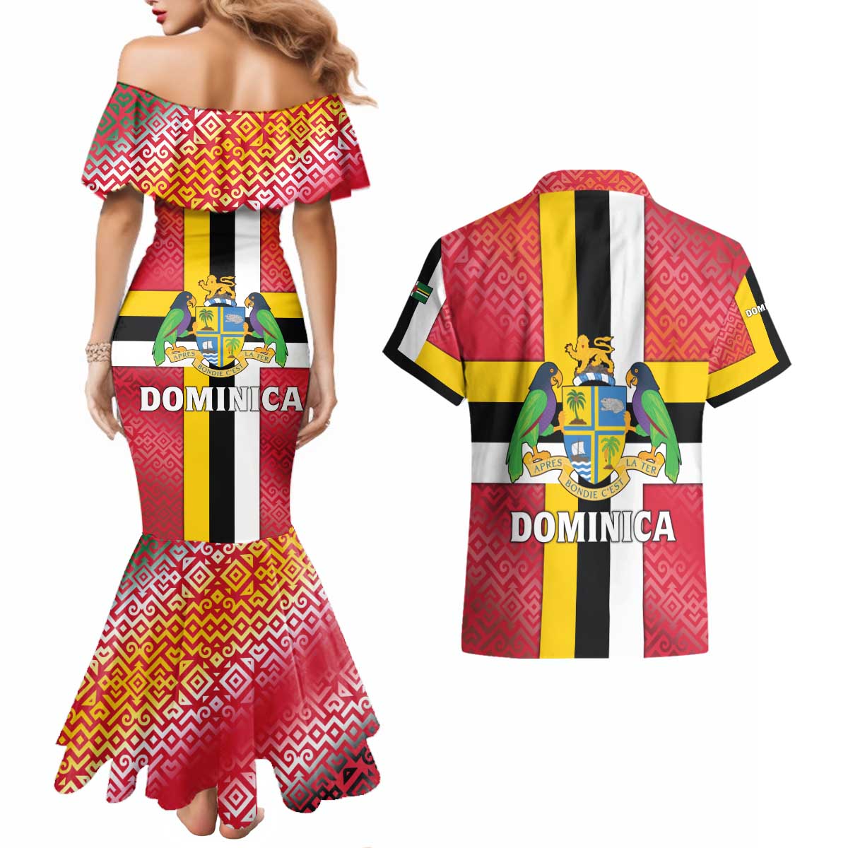 Dominica Flag Couples Matching Mermaid Dress and Hawaiian Shirt Red Yellow and Black with Coat of Arms and National Motto Design - Wonder Print Shop