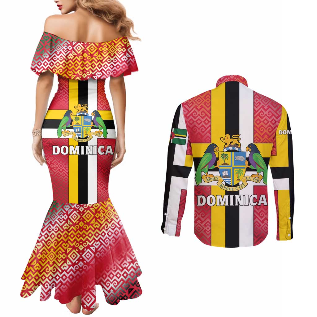 Dominica Flag Couples Matching Mermaid Dress and Long Sleeve Button Shirt Red Yellow and Black with Coat of Arms and National Motto Design - Wonder Print Shop