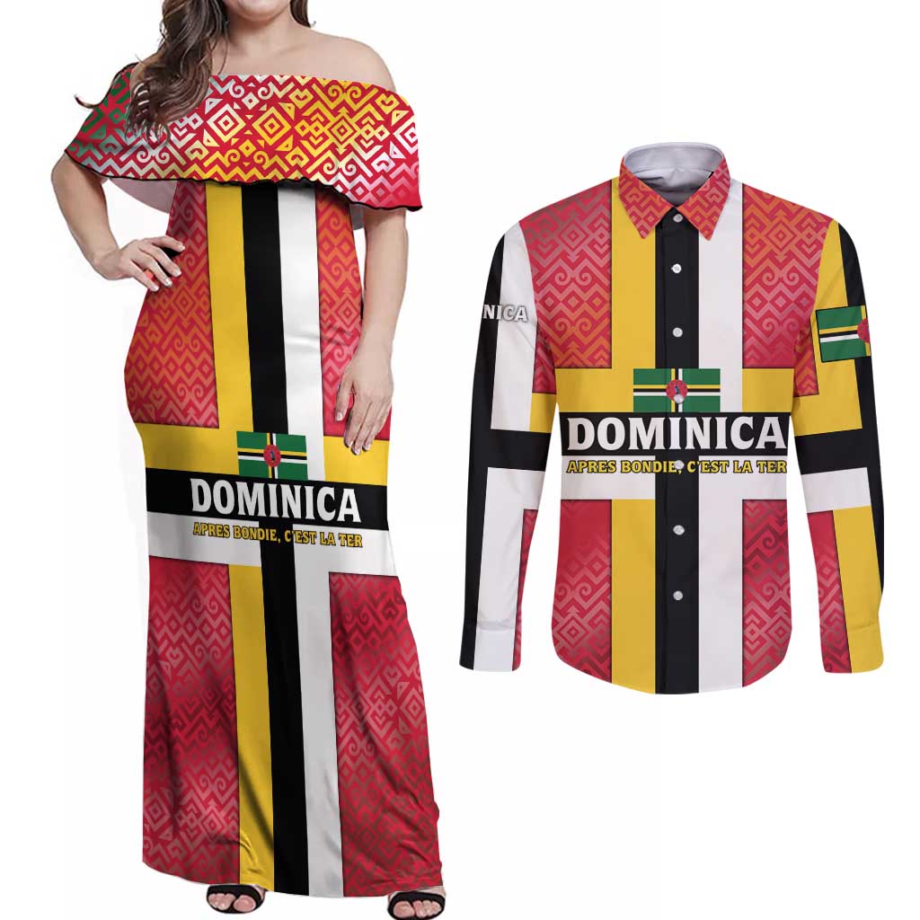 Dominica Flag Couples Matching Off Shoulder Maxi Dress and Long Sleeve Button Shirt Red Yellow and Black with Coat of Arms and National Motto Design - Wonder Print Shop