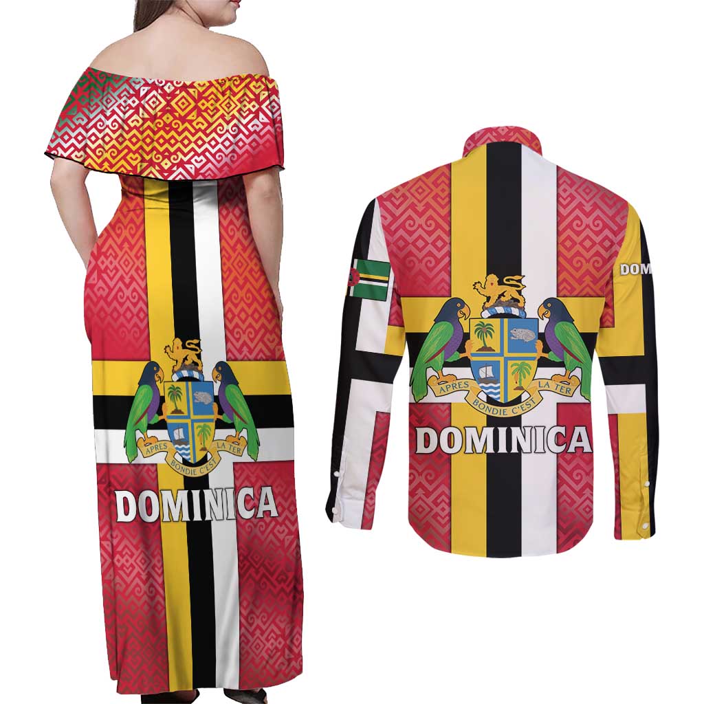 Dominica Flag Couples Matching Off Shoulder Maxi Dress and Long Sleeve Button Shirt Red Yellow and Black with Coat of Arms and National Motto Design - Wonder Print Shop