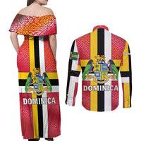 Dominica Flag Couples Matching Off Shoulder Maxi Dress and Long Sleeve Button Shirt Red Yellow and Black with Coat of Arms and National Motto Design - Wonder Print Shop