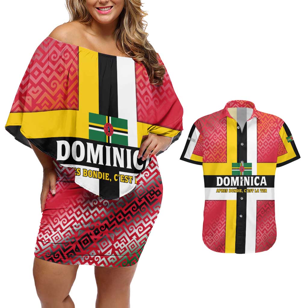 Dominica Flag Couples Matching Off Shoulder Short Dress and Hawaiian Shirt Red Yellow and Black with Coat of Arms and National Motto Design - Wonder Print Shop