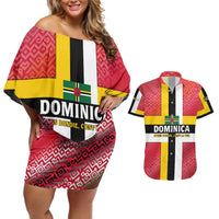 Dominica Flag Couples Matching Off Shoulder Short Dress and Hawaiian Shirt Red Yellow and Black with Coat of Arms and National Motto Design - Wonder Print Shop