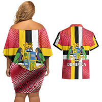 Dominica Flag Couples Matching Off Shoulder Short Dress and Hawaiian Shirt Red Yellow and Black with Coat of Arms and National Motto Design - Wonder Print Shop
