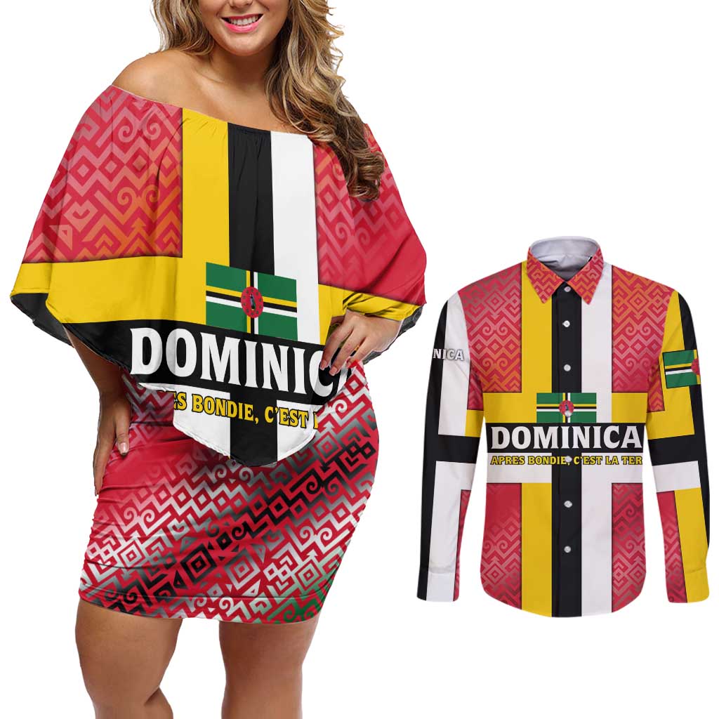 Dominica Flag Couples Matching Off Shoulder Short Dress and Long Sleeve Button Shirt Red Yellow and Black with Coat of Arms and National Motto Design - Wonder Print Shop
