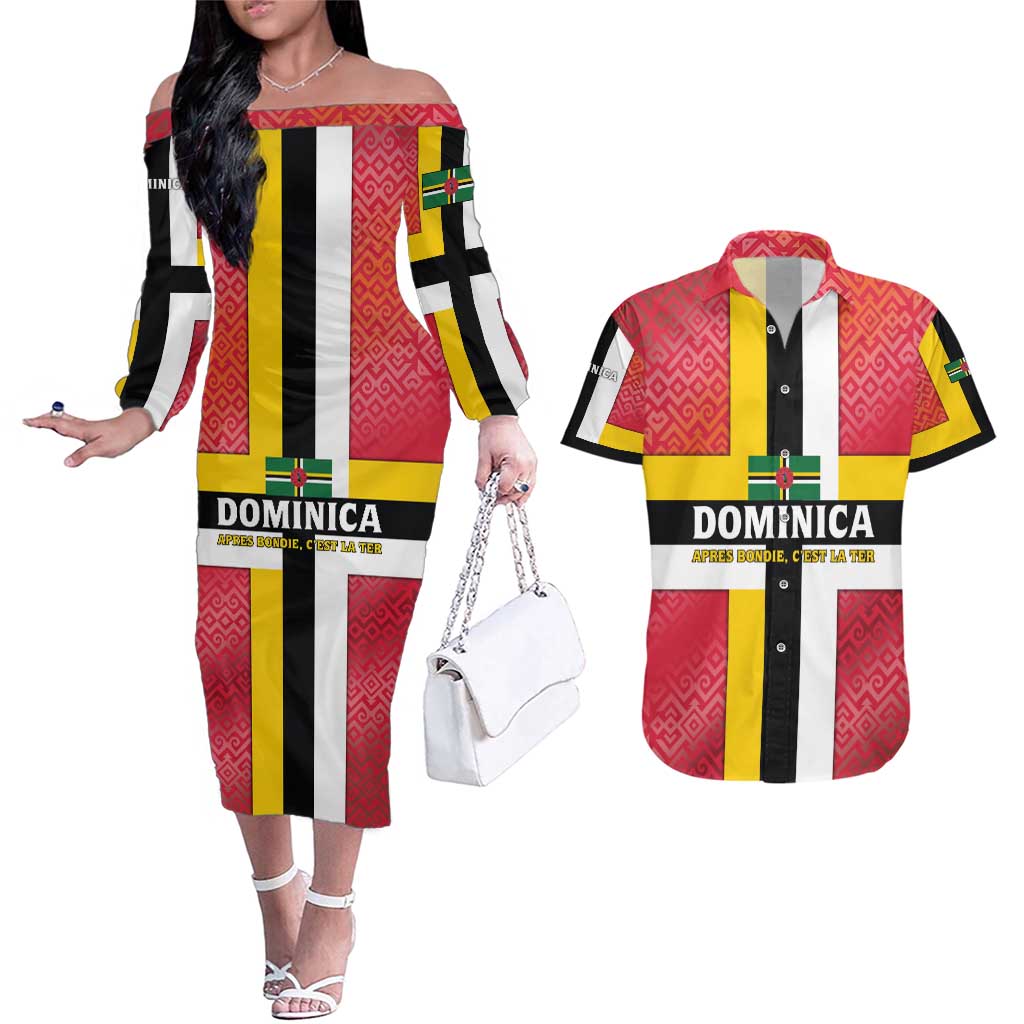Dominica Flag Couples Matching Off The Shoulder Long Sleeve Dress and Hawaiian Shirt Red Yellow and Black with Coat of Arms and National Motto Design - Wonder Print Shop