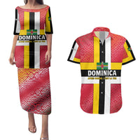 Dominica Flag Couples Matching Puletasi and Hawaiian Shirt Red Yellow and Black with Coat of Arms and National Motto Design - Wonder Print Shop