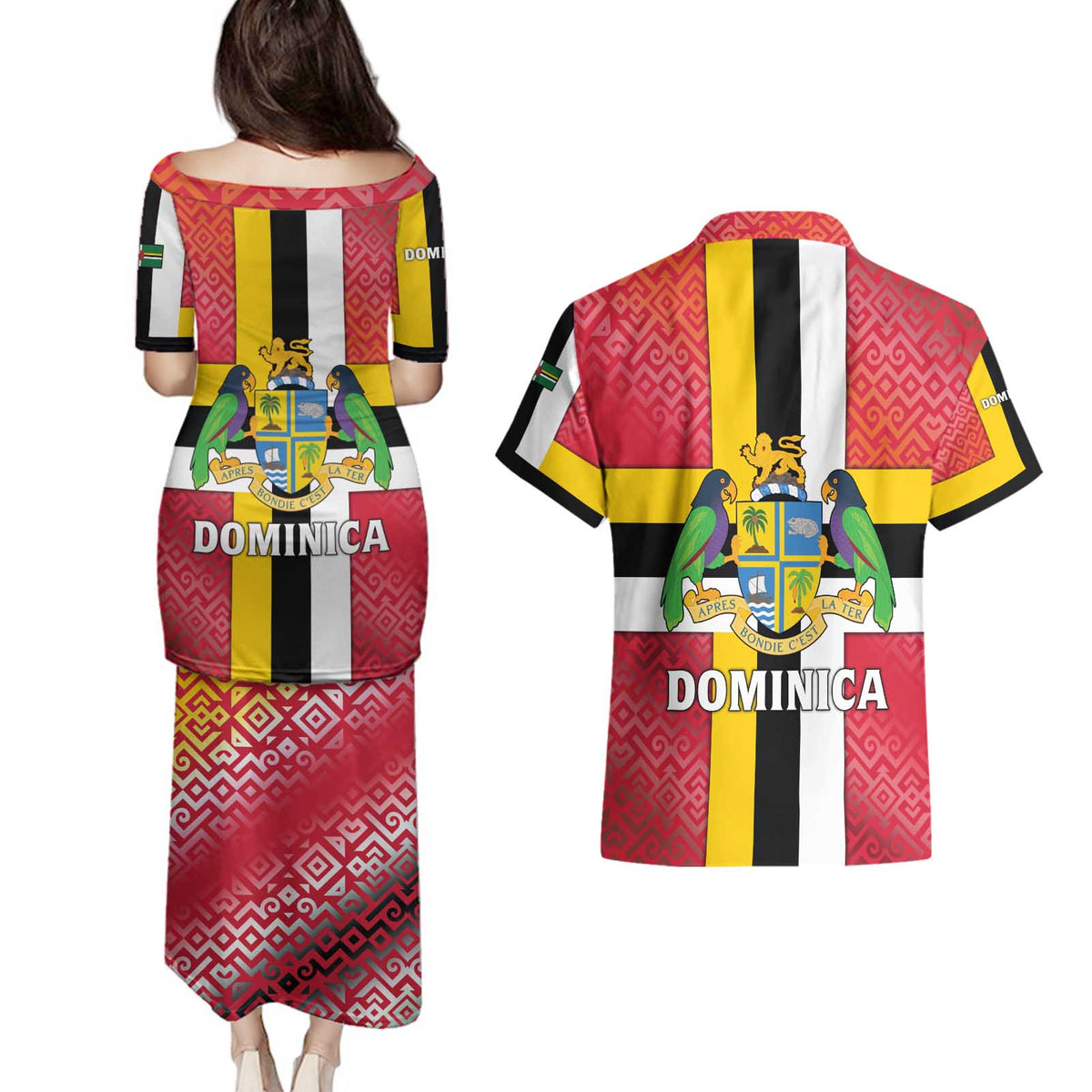 Dominica Flag Couples Matching Puletasi and Hawaiian Shirt Red Yellow and Black with Coat of Arms and National Motto Design - Wonder Print Shop