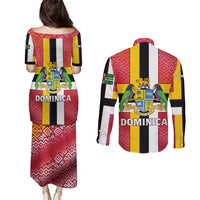 Dominica Flag Couples Matching Puletasi and Long Sleeve Button Shirt Red Yellow and Black with Coat of Arms and National Motto Design - Wonder Print Shop