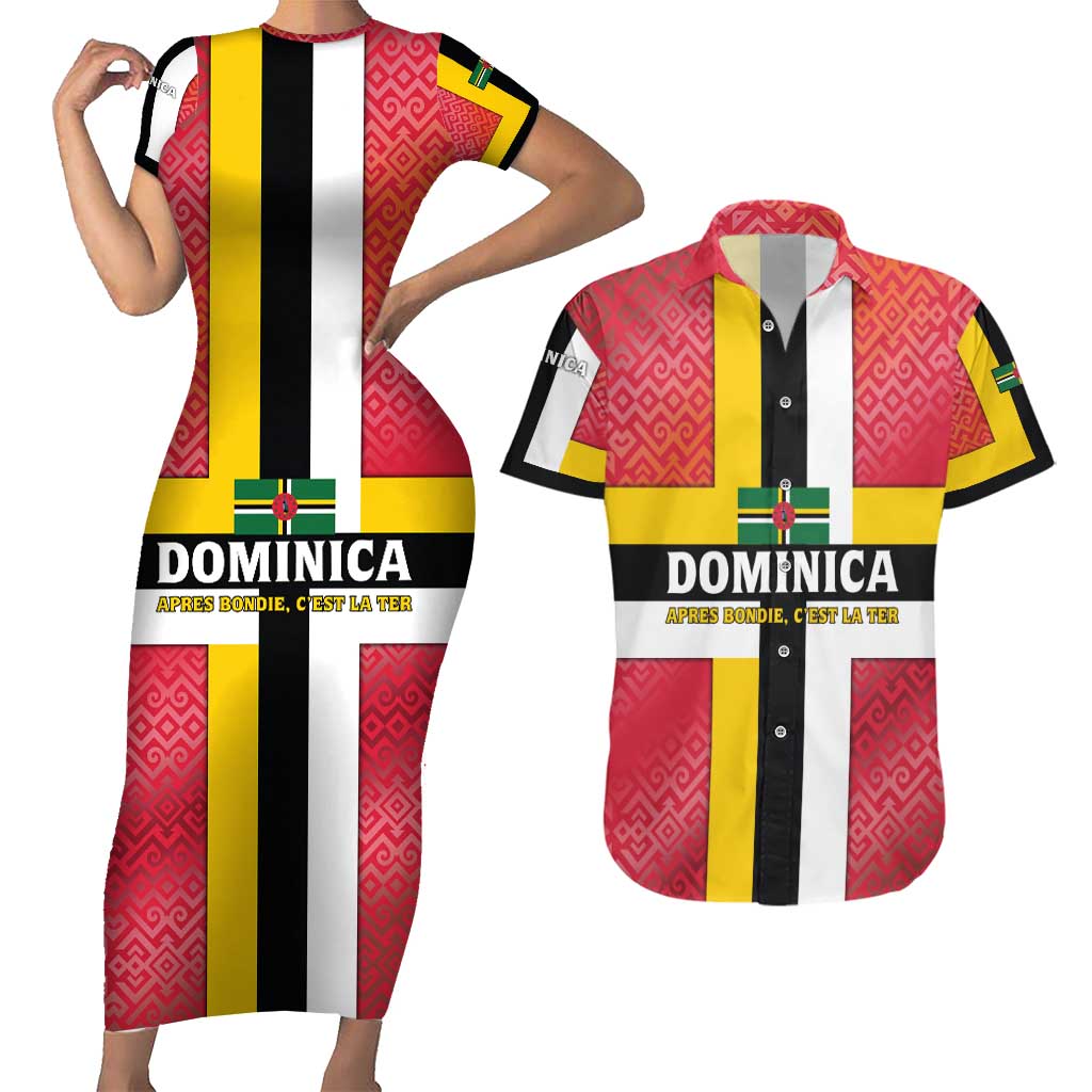 Dominica Flag Couples Matching Short Sleeve Bodycon Dress and Hawaiian Shirt Red Yellow and Black with Coat of Arms and National Motto Design - Wonder Print Shop