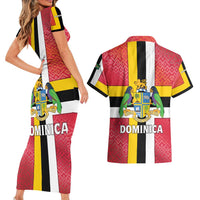 Dominica Flag Couples Matching Short Sleeve Bodycon Dress and Hawaiian Shirt Red Yellow and Black with Coat of Arms and National Motto Design - Wonder Print Shop