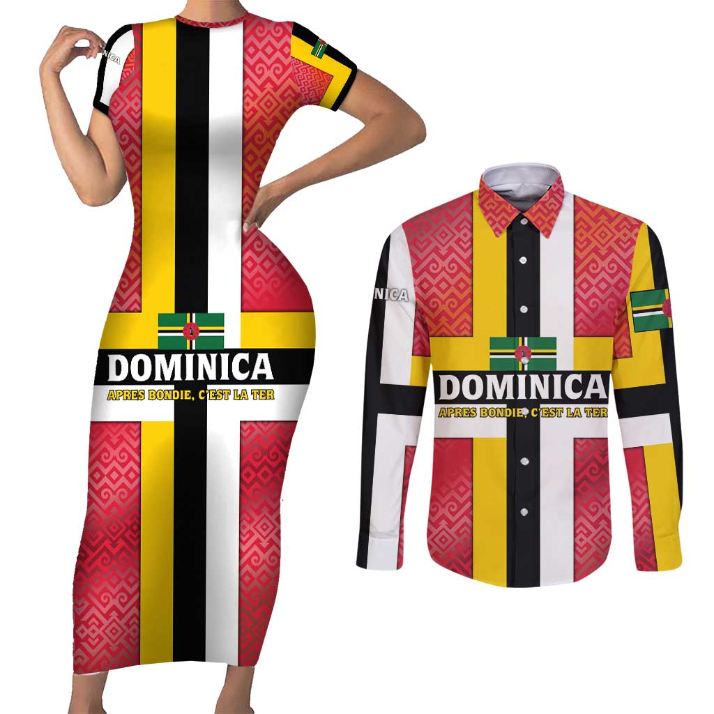 Dominica Flag Couples Matching Short Sleeve Bodycon Dress and Long Sleeve Button Shirt Red Yellow and Black with Coat of Arms and National Motto Design - Wonder Print Shop