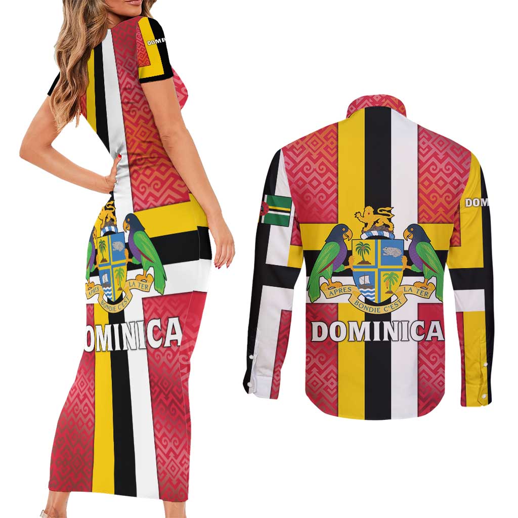 Dominica Flag Couples Matching Short Sleeve Bodycon Dress and Long Sleeve Button Shirt Red Yellow and Black with Coat of Arms and National Motto Design - Wonder Print Shop