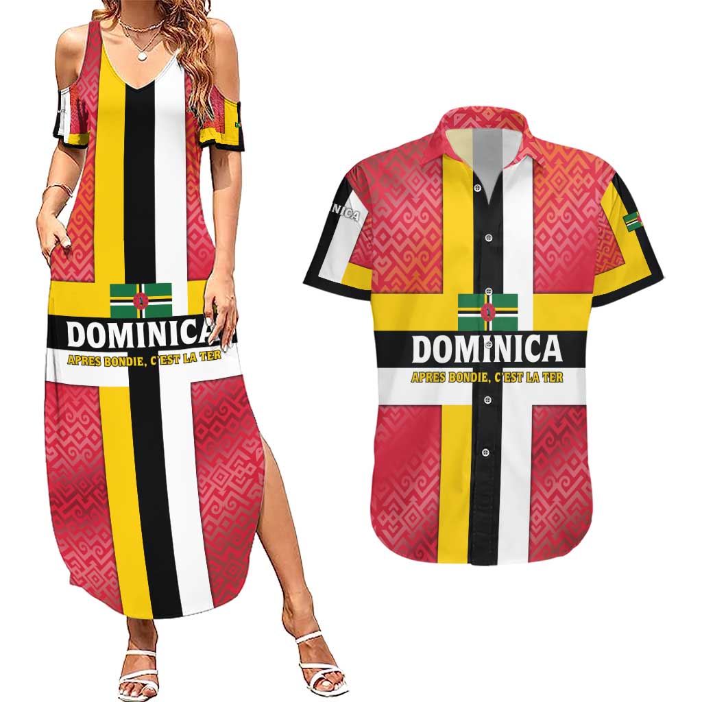 Dominica Flag Couples Matching Summer Maxi Dress and Hawaiian Shirt Red Yellow and Black with Coat of Arms and National Motto Design - Wonder Print Shop