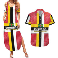Dominica Flag Couples Matching Summer Maxi Dress and Hawaiian Shirt Red Yellow and Black with Coat of Arms and National Motto Design - Wonder Print Shop