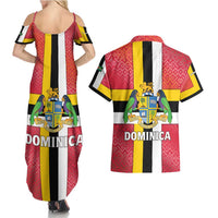 Dominica Flag Couples Matching Summer Maxi Dress and Hawaiian Shirt Red Yellow and Black with Coat of Arms and National Motto Design - Wonder Print Shop