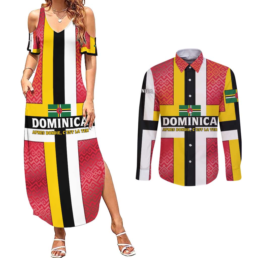Dominica Flag Couples Matching Summer Maxi Dress and Long Sleeve Button Shirt Red Yellow and Black with Coat of Arms and National Motto Design - Wonder Print Shop