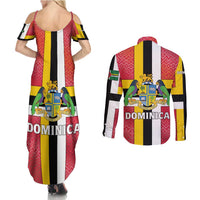 Dominica Flag Couples Matching Summer Maxi Dress and Long Sleeve Button Shirt Red Yellow and Black with Coat of Arms and National Motto Design - Wonder Print Shop