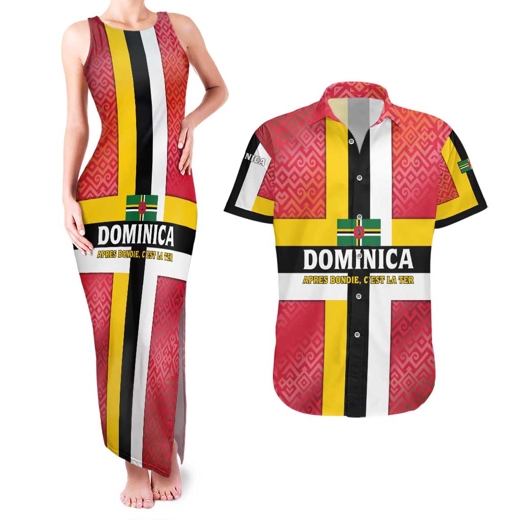 Dominica Flag Couples Matching Tank Maxi Dress and Hawaiian Shirt Red Yellow and Black with Coat of Arms and National Motto Design - Wonder Print Shop