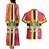 Dominica Flag Couples Matching Tank Maxi Dress and Hawaiian Shirt Red Yellow and Black with Coat of Arms and National Motto Design - Wonder Print Shop