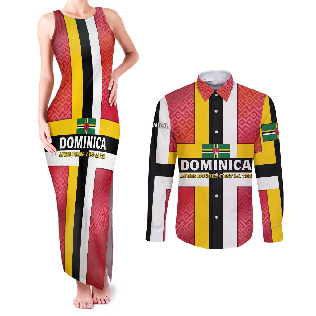 Dominica Flag Couples Matching Tank Maxi Dress and Long Sleeve Button Shirt Red Yellow and Black with Coat of Arms and National Motto Design - Wonder Print Shop