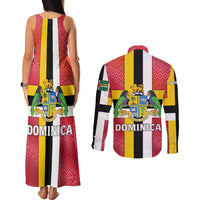Dominica Flag Couples Matching Tank Maxi Dress and Long Sleeve Button Shirt Red Yellow and Black with Coat of Arms and National Motto Design - Wonder Print Shop