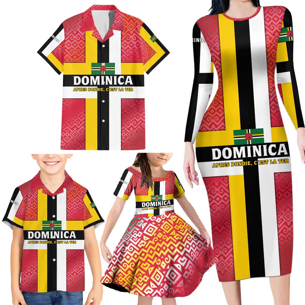 Dominica Flag Family Matching Long Sleeve Bodycon Dress and Hawaiian Shirt Red Yellow and Black with Coat of Arms and National Motto Design - Wonder Print Shop