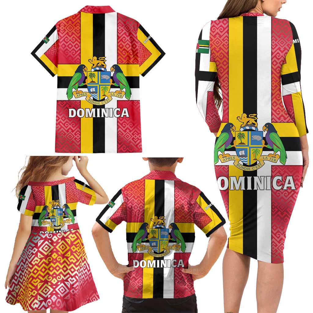 Dominica Flag Family Matching Long Sleeve Bodycon Dress and Hawaiian Shirt Red Yellow and Black with Coat of Arms and National Motto Design - Wonder Print Shop