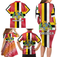 Dominica Flag Family Matching Long Sleeve Bodycon Dress and Hawaiian Shirt Red Yellow and Black with Coat of Arms and National Motto Design - Wonder Print Shop