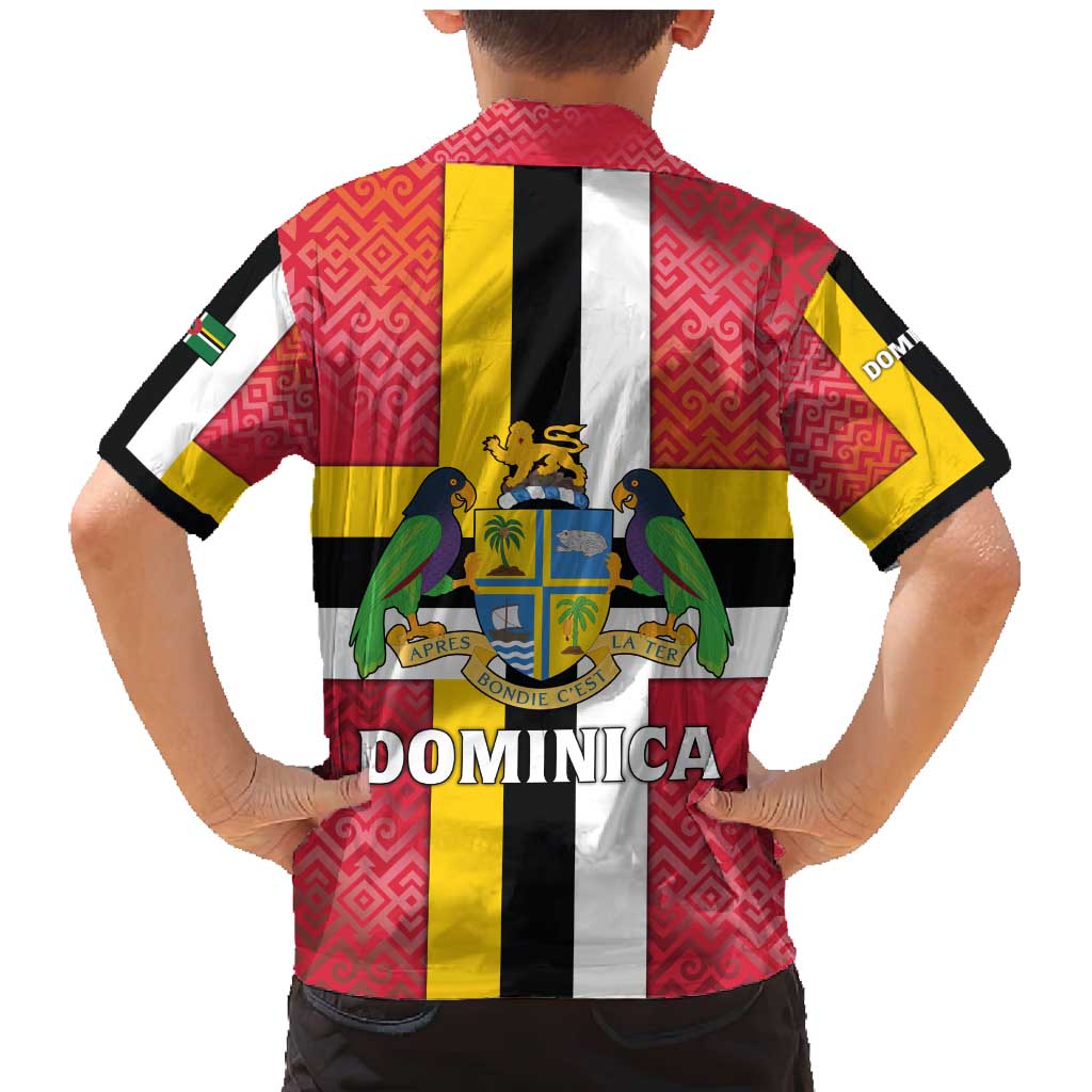 Dominica Flag Family Matching Mermaid Dress and Hawaiian Shirt Red Yellow and Black with Coat of Arms and National Motto Design - Wonder Print Shop