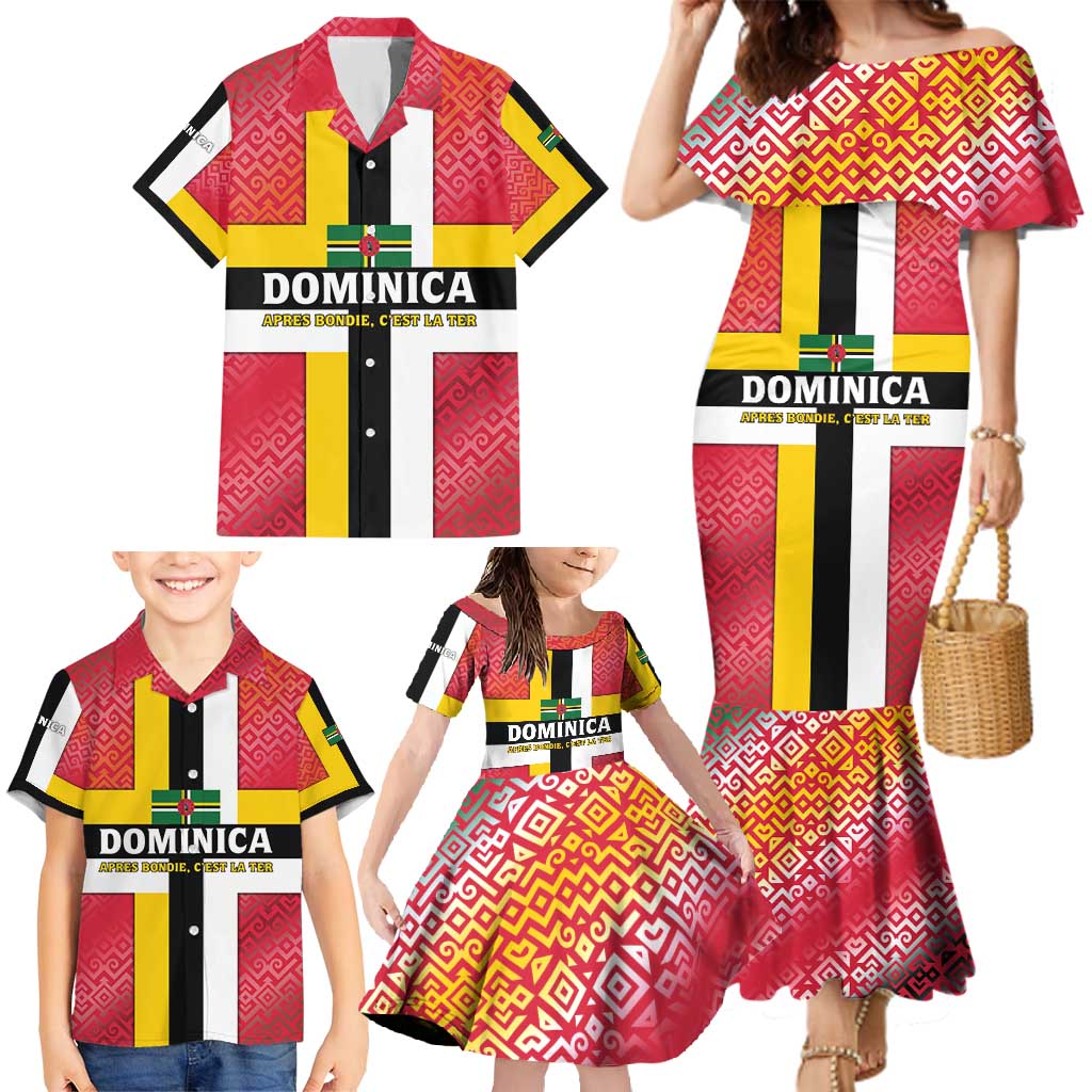 Dominica Flag Family Matching Mermaid Dress and Hawaiian Shirt Red Yellow and Black with Coat of Arms and National Motto Design - Wonder Print Shop
