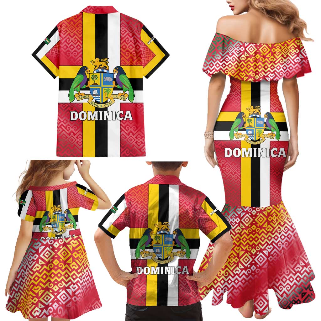 Dominica Flag Family Matching Mermaid Dress and Hawaiian Shirt Red Yellow and Black with Coat of Arms and National Motto Design - Wonder Print Shop