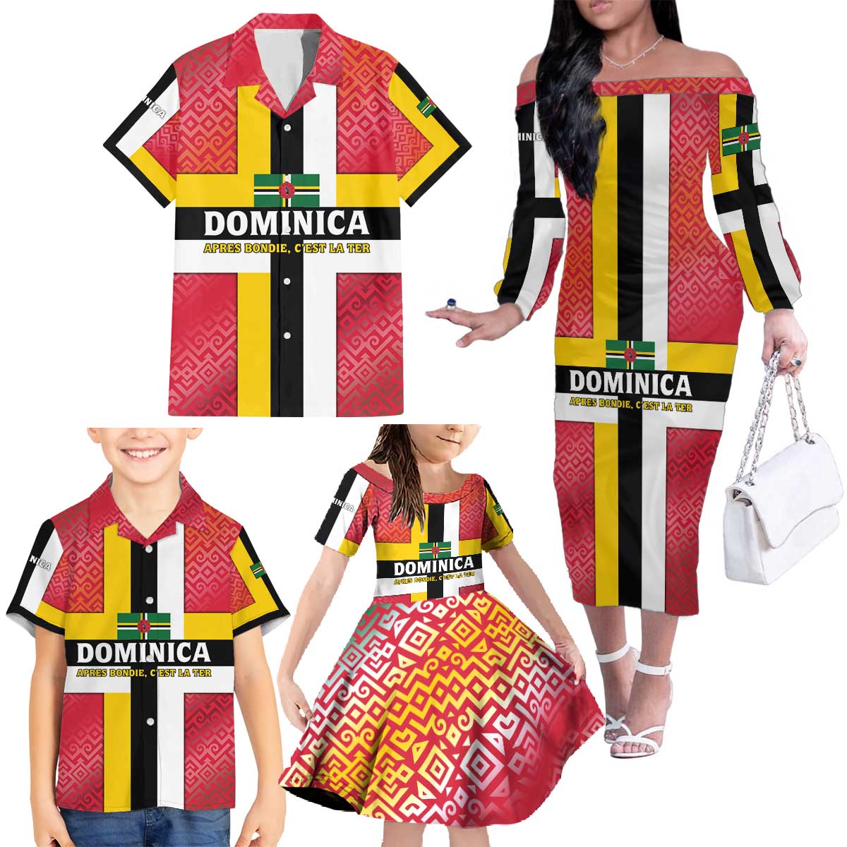 Dominica Flag Family Matching Off The Shoulder Long Sleeve Dress and Hawaiian Shirt Red Yellow and Black with Coat of Arms and National Motto Design - Wonder Print Shop