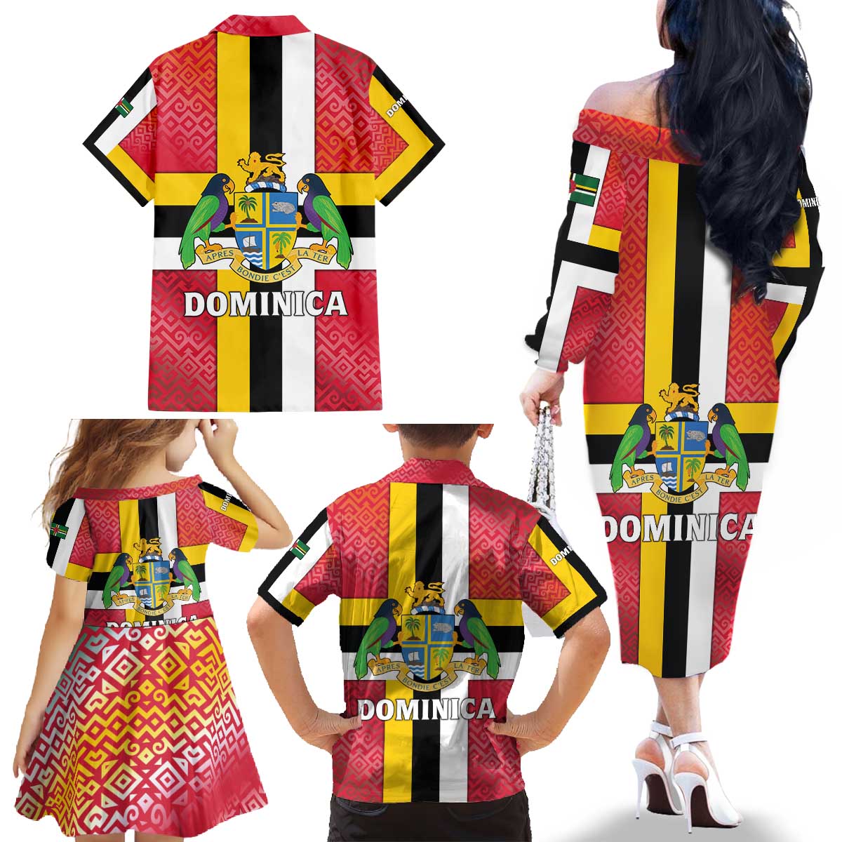 Dominica Flag Family Matching Off The Shoulder Long Sleeve Dress and Hawaiian Shirt Red Yellow and Black with Coat of Arms and National Motto Design - Wonder Print Shop